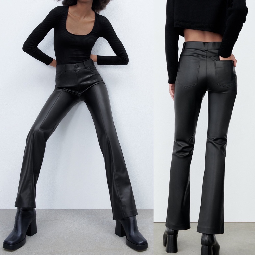Zara FAUX LEATHER FLARED High-Waist Trousers False front & Rear Patch Pockets BN